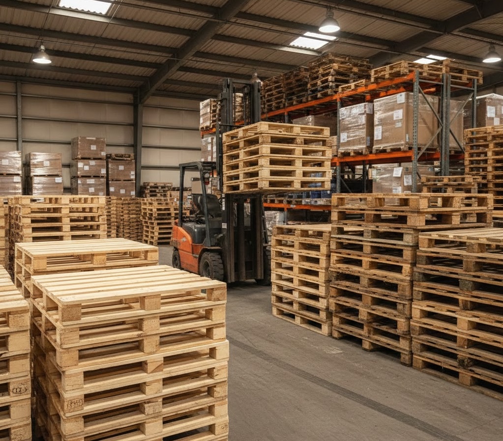 Dallas Pallets warehouse with stacked pallets